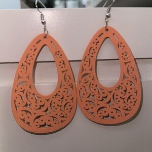 Wood earrings tear drop laser cut peach orange NEW boho bohemian lightweight NWT